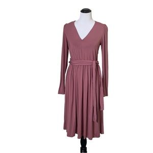 Rebecca Taylor NWT V-Neck Midi Belted Stretch Modal Dress Rose Pink Size Small
